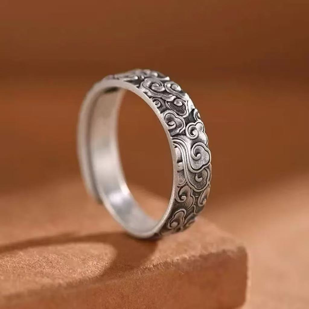 Retro Thai Silver Ethnic Style Auspicious Cloud Plum Blossom Ring for Men and Women with Adjustable Opening Chinese Style Old Craft Ring