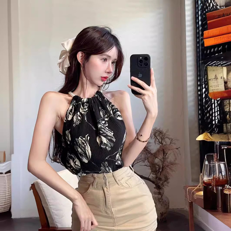 Bead Chain Neck Sleeveless Vest Women's Summer New Pleated Loose Flower Pullover Slimming Top Women's Clothing
