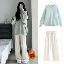 秋冬新款宽松慵懒风撞色麻花学院风针织毛衣女休闲阔脚裤两件套