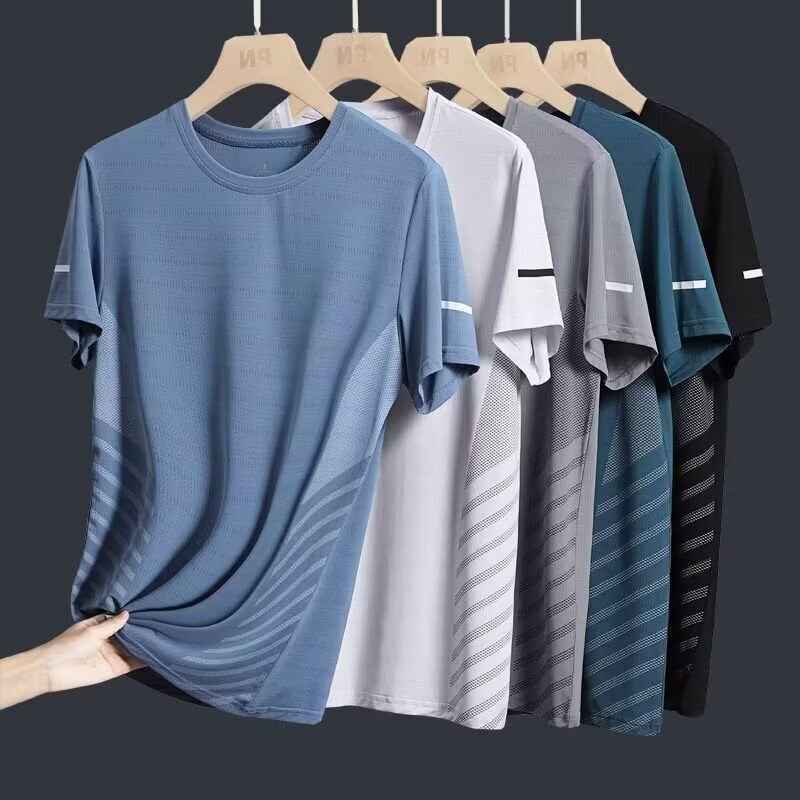 Ice Silk Short-sleeved T-shirt Men's Summer Thin Quick-drying Mesh Sports Fitness Half-sleeved Top Casual Elastic T Summer Ice Silk Short-sleeved T-shirt Men's Summer Thin Quick-drying Mesh Sports Fitness Half-sleeved Top Casual Elastic T Summer