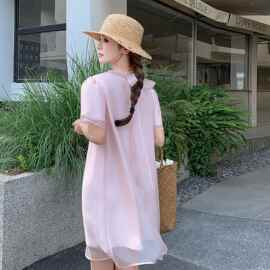 女装夏装26年夏新款粉色欧根纱连衣裙