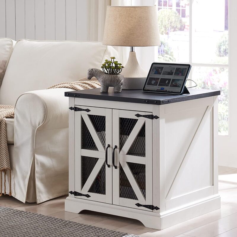 Bedside Table with Charging Station Mesh Barn Door Adjustable Storage Shelf for Living Room Bedroom