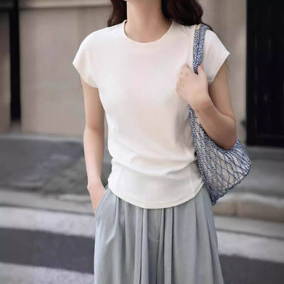 [in stock] Bone line is thin! White Elegant T-shirt Women's Short-sleeved Slim-fit Casual Round Neck Top for Summer