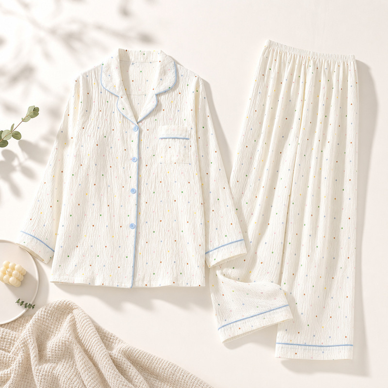 Wholesale factory large size women's cloud cotton pajamas with polka dot lapel cardigan, loose fit for spring and autumn, suitable for wearing as loungewear Wholesale factory large size women's cloud cotton pajamas with polka dot lapel cardigan, loose fit for spring and autumn, suitable for wearing as loungewear