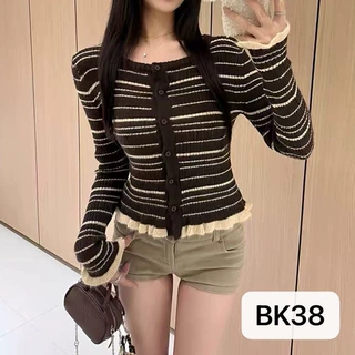 时尚复古木耳边条纹长袖秋季气质修身显瘦百搭女装毛衣针织开衫
