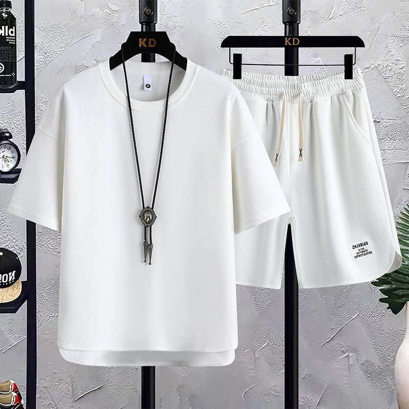 Traje de moda waffle para hombre camiseta de manga corta marca de moda verano nuevo traje de dos piezas de ocio deportivo de moda coreana suelta