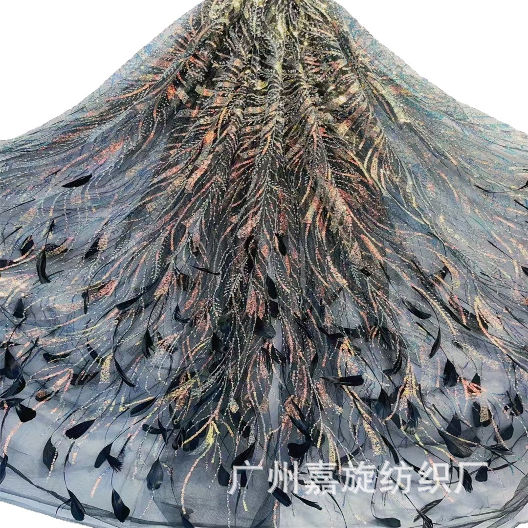 3D fuegos artificiales de plumas hechos a mano pieza de fantasía tela bordada de tul vestido de color caramelo ropa de rendimiento tela de encaje