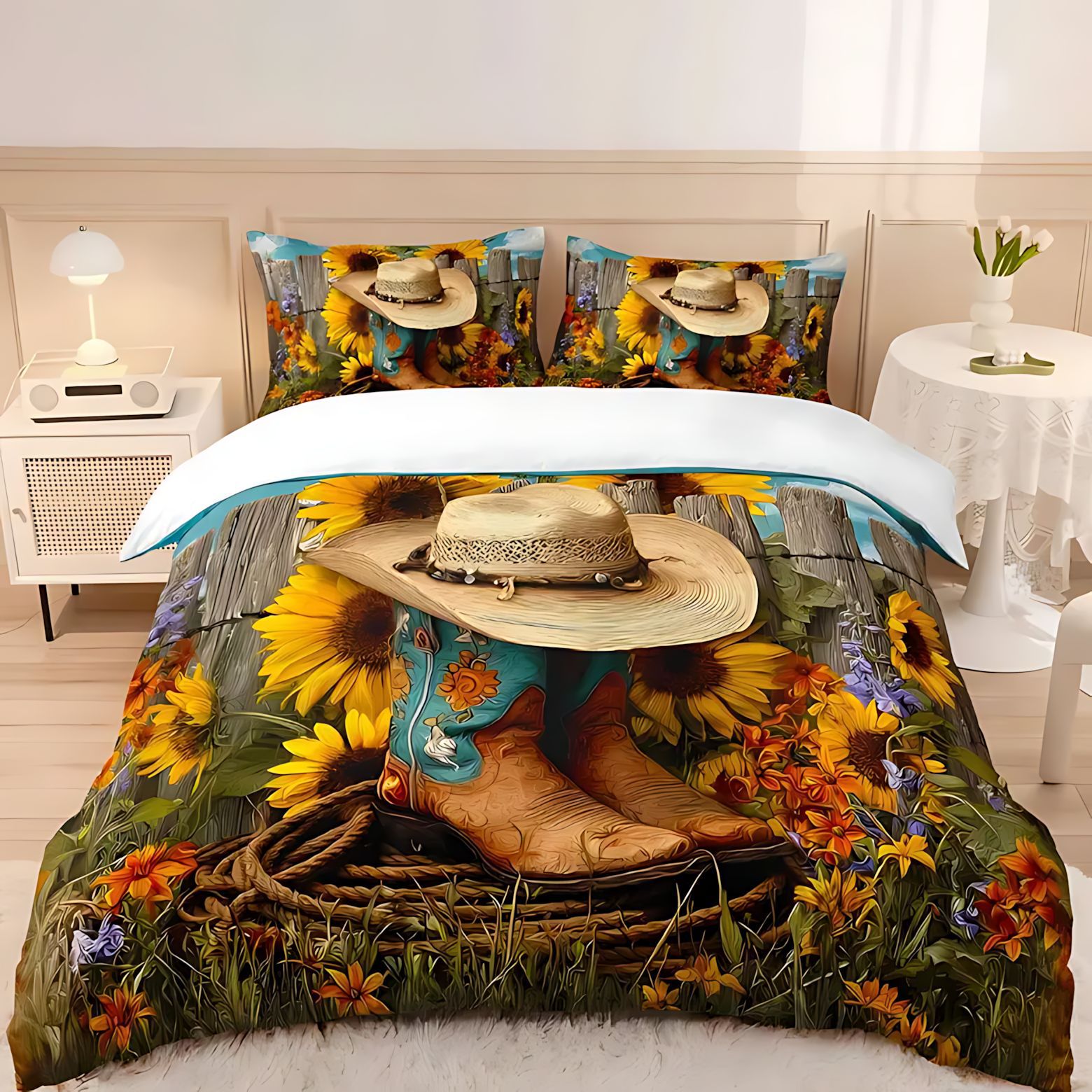 TEMU / JIT nuevo diseño de girasol vaquero transfronterizo impresión digital de alta definición abrasión cómodo conjunto de edredón