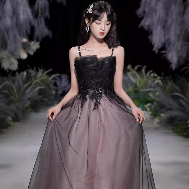 Black Evening Dress Women's High-end Light Luxury Niche Celebrity Ladies Birthday Party Show Dance Long Host Performance Dress Spring