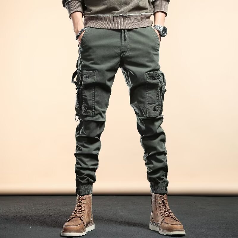 American Retro Spring and Autumn Multi-Pocket Cargo Pants for Men, Trendy Loose Fit Jogger Pants, Wide-Leg Casual Pants
