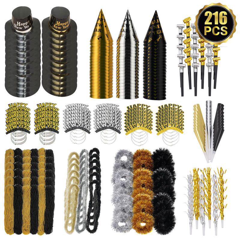 2026 New Year Set with Happy Hats, Plastic Flower Garlands, Bead Necklaces, Birthday Party Decorations