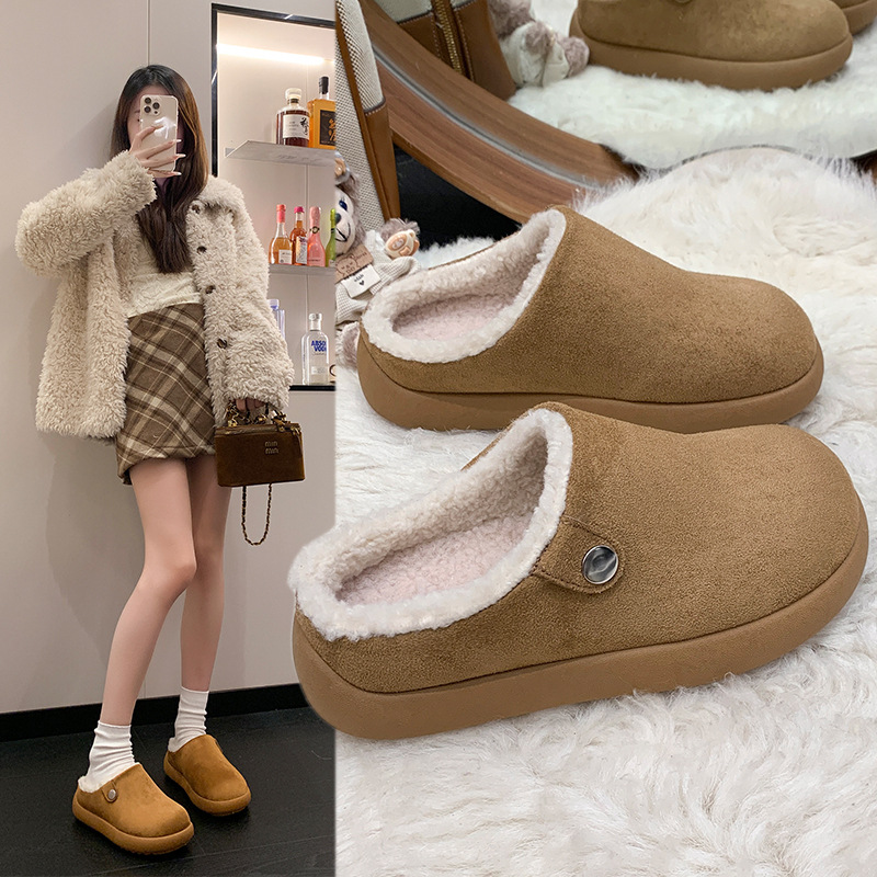 厚底加绒勃肯鞋女保暖雪地靴2025新款冬季一脚蹬毛毛鞋豆豆棉鞋子