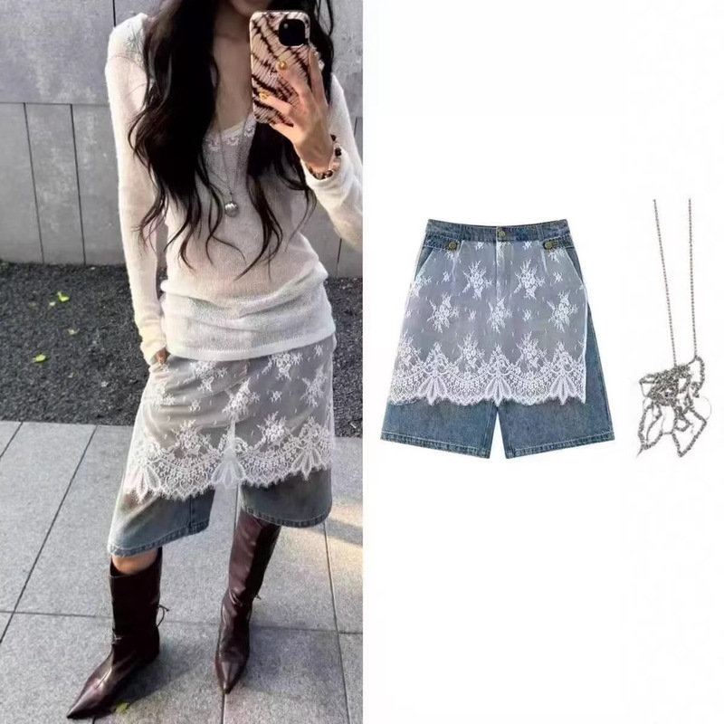 Ice Designer Brand 26Ss Summer New Lace Patchwork French Retro Commuter Five-Point Denim Shorts Ice Designer Brand 26Ss Summer New Lace Patchwork French Retro Commuter Five-Point Denim Shorts