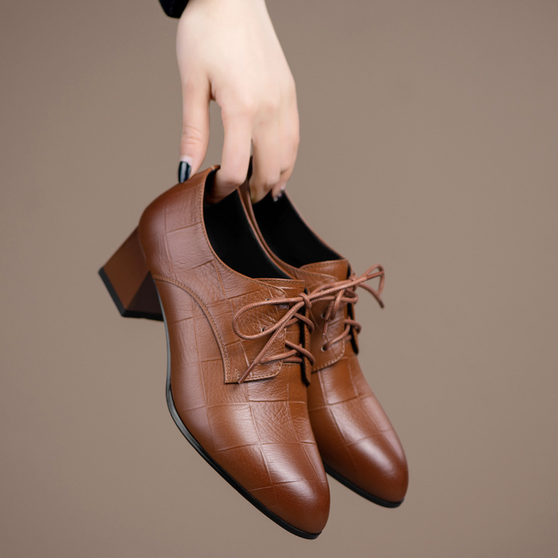 Lace-Up Women's Shoes for Spring and Autumn, Deep-Cut Women's Shoes, Cowhide Leather, Chunky Heel, Mid-Heel Shoes, Simple Small Leather Shoes, Work Shoes, Retro Style
