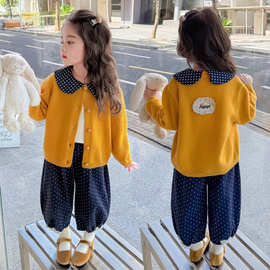 女童毛衣秋季新款开衫针织衫娃娃领打底衣女孩上衣波点裤童装衣服