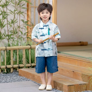 男童唐装汉服夏季男孩短袖国风套装新款古装儿童新中式少爷服外贸