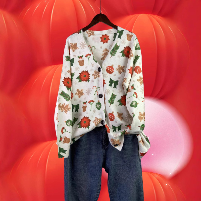 plus size Ugly Christmas Sweater Women's V-neck Buckle Fun Pattern Animal Snowman Reindeer Print Cardigan Holiday