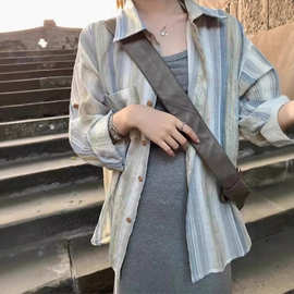 夏季外防晒小显瘦宽松清新长袖夏季女复古条纹衬衫搭衬衣防晒薄款