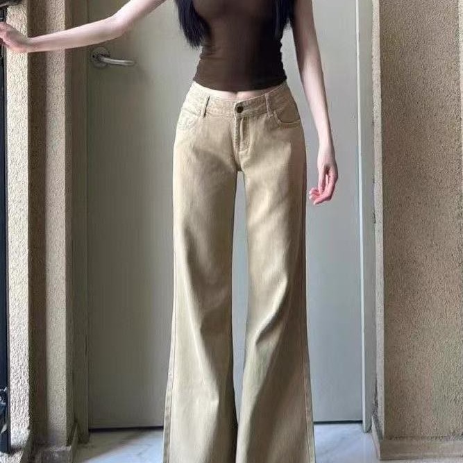 Petite 145 American-Style Khaki Flared Jeans for Women, Autumn Low-Rise Slimming Loose Bootcut Floor-Length Pants
