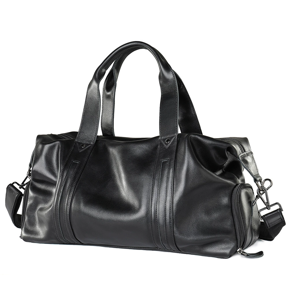 Leather sports travel bag, capacious luggage sports bag for training, cowhide