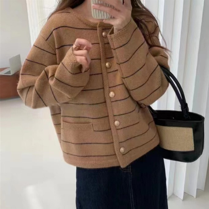 韩系条纹宽松慵懒风针织开衫2025秋冬女装简约百搭圆领毛衣外套女|undefined