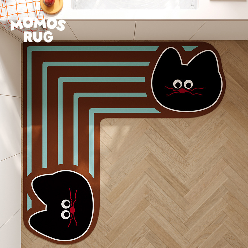 만화 새끼 고양이 L자형 주방 특수 코너 바닥 매트 새로운 규조토 진흙 미끄럼 방지, 흡수성, 청소가 쉽고 관리가 쉬운 바닥 매트