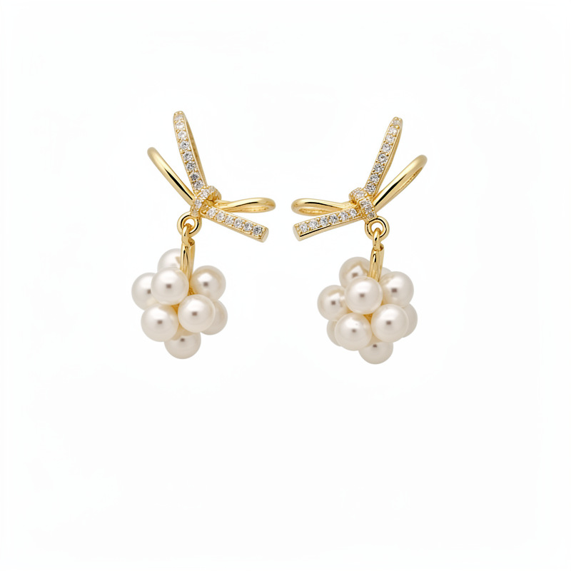 14 quilates de oro real chapado aguja de plata zircon arco perla pendientes temperamento pendientes de nicho ligero lujo alta sensación de pendientes image 6
