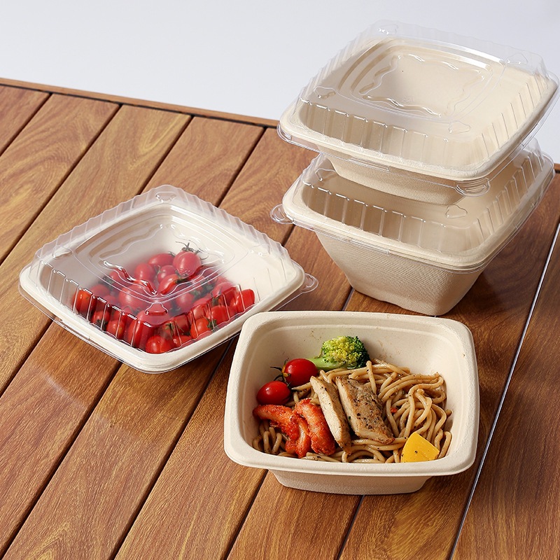 Caja de comedor de pulpa, caja de embalaje desechable, comida ligera para llevar, ensalada, sopa, fideos, tazón cuadrado, cubiertos degradables 750 ~ 1200ml