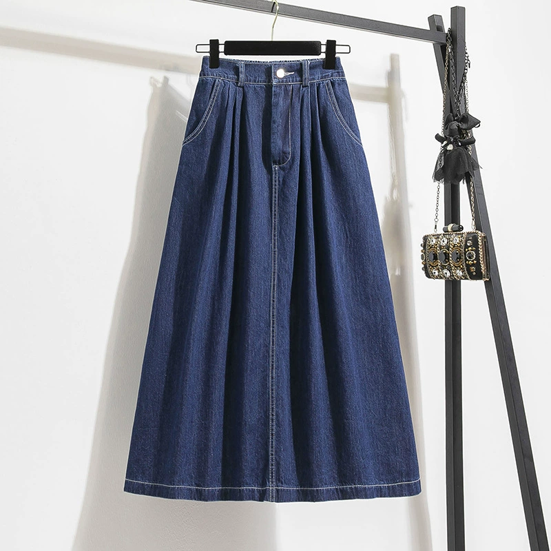 Retro autumn long denim skirt, plus size, mid-length, A-line