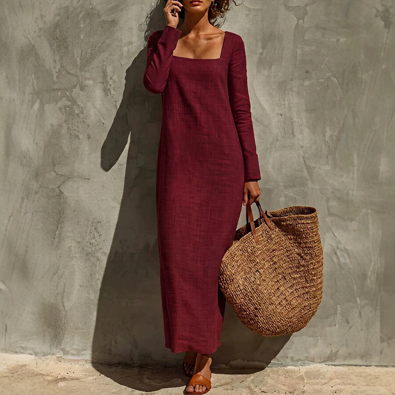 In stock 2026 European and American cross-border autumn and winter new women's solid color linen faux wind square collar long-sleeve loose dress In stock 2026 European and American cross-border autumn and winter new women's solid color linen faux wind square collar long-sleeve loose dress