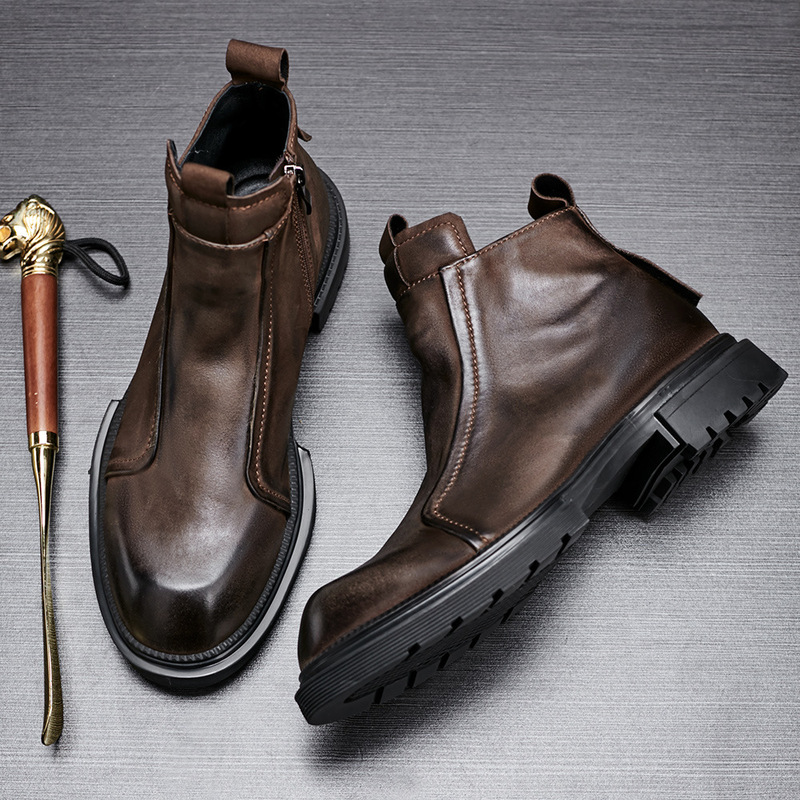 Plus Size Warm Slip-On Boots Autumn and Winter Retro High-Top Leather Boots British Versatile Genuine Leather Chelsea Boots