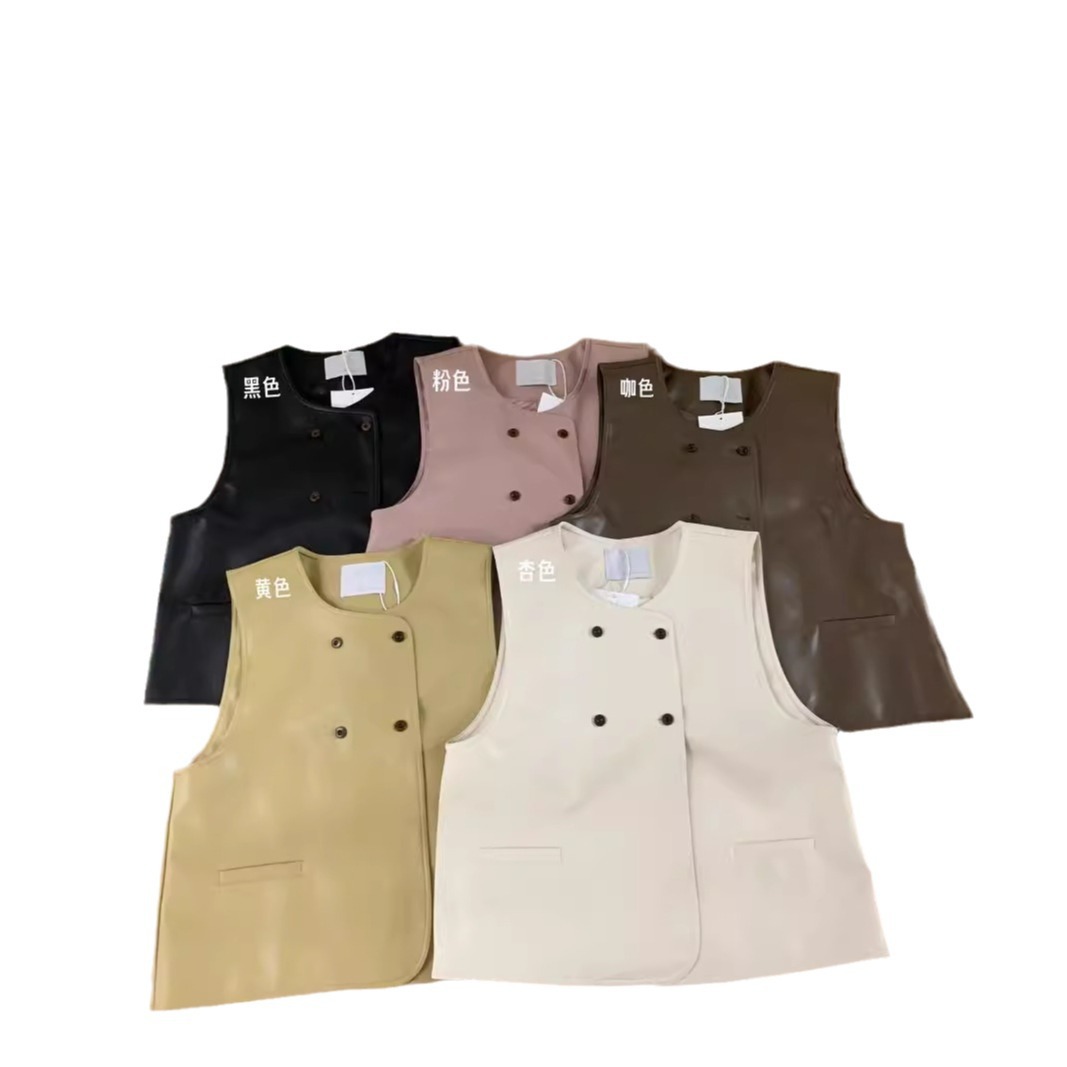 Liquidación de no retorno de estilo coreano de doble botonadura diseño de cuello redondo PU Chaleco de cuero de las mujeres casual suelta chaleco exterior abrigo image 5