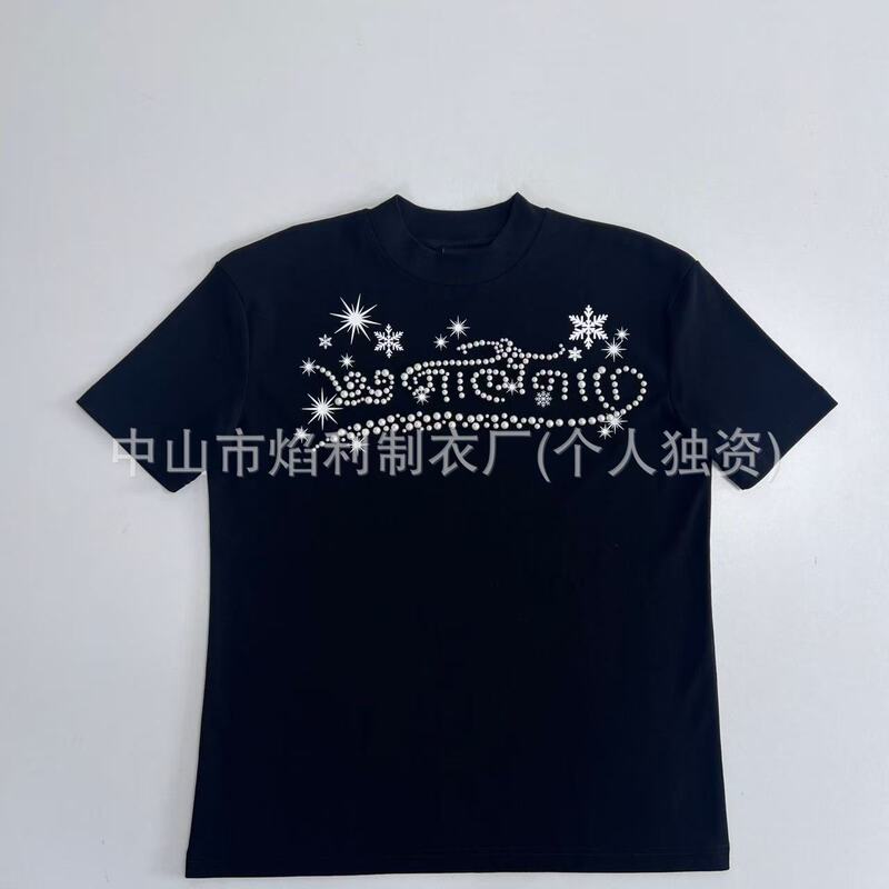 Unisex trendy brand T-shirt with pearl design on the chest and snowflake print, black loose-fitting short-sleeve top Unisex trendy brand T-shirt with pearl design on the chest and snowflake print, black loose-fitting short-sleeve top