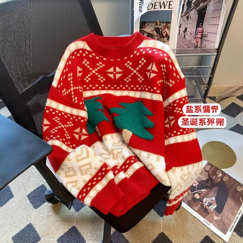 Plus Size Women's Autumn and Winter New Christmas Red Sweater Fat mm Loose Lazy Style Thickeneded Knitted Bottoming Shirt Top