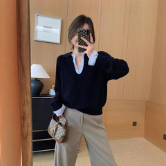松弛感时髦撞色假两件拼接条纹针织衫女秋冬季设计感宽松V领上衣