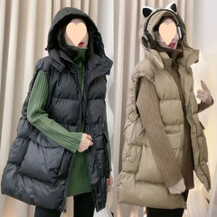 European down cotton vest for women in autumn and winter Korean style loose outerwear mid-length vest hooded cotton jacket for horse clip
