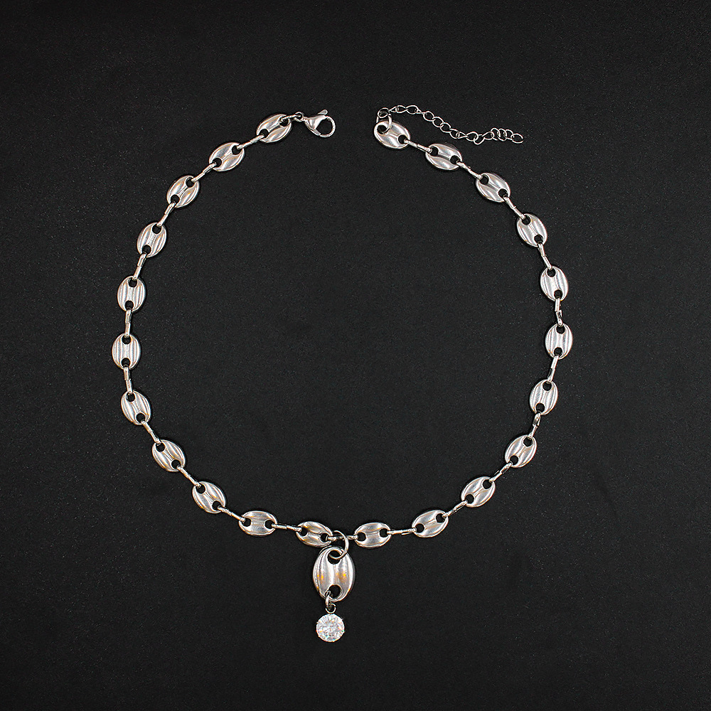 coffee bean chain Chain Type 1 Piece, 1 Pair Quantity Elegant Oval Stainless Steel Inlay Zircon Earrings Necklace
