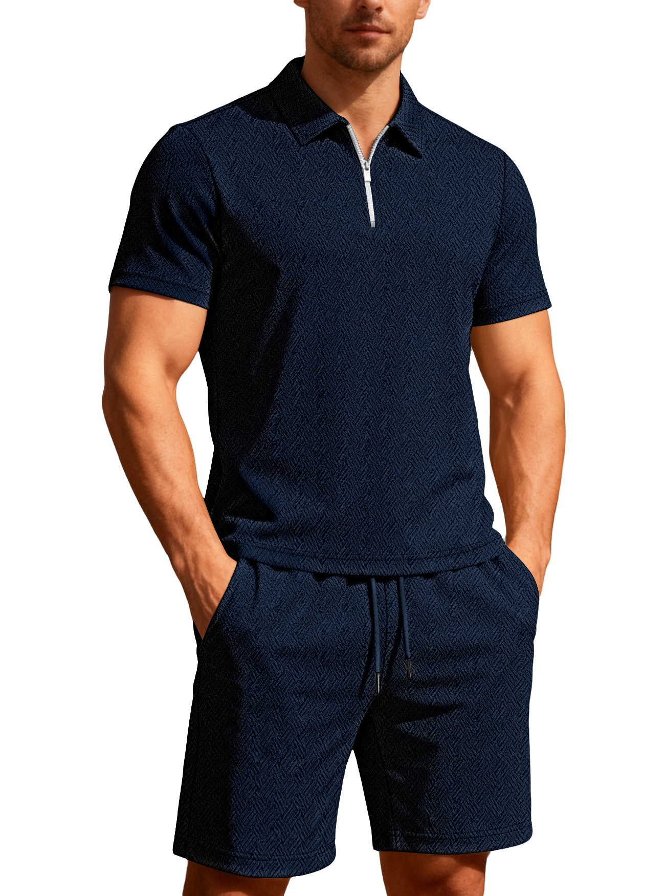Trajes de hombre transfronterizos de verano para hombres nuevos trajes casuales de comercio exterior de manga corta con cremallera de moda de color sólido