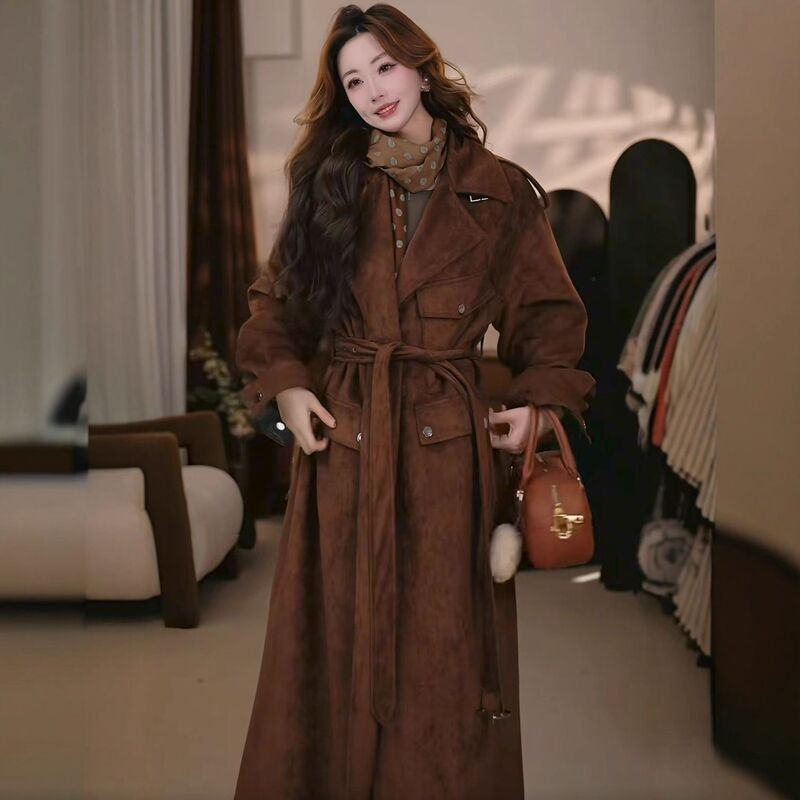 Suede Jacket 2025 Autum Women's Korean Style New Retro Outwear Lapel Long Windbreaker Fashion Lace-Up Trend