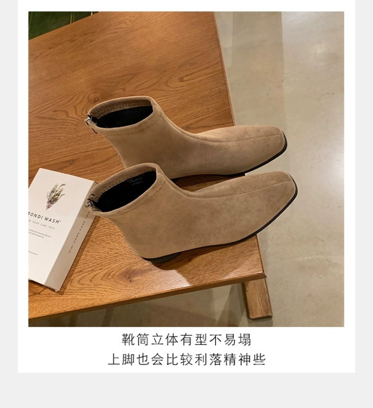 葡萄妈同款韩系复古马丁靴女方头绒面百搭粗跟增高瘦瘦靴秋冬短靴|undefined