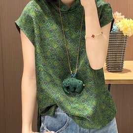 新中式绿色复古香云纱印花衬衣女年新款夏季显白减龄国风上衣