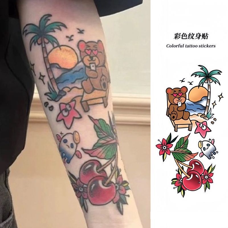 Spliced ​​Oldschool Summer Colorfulful Flower Arm Tattoo Stickers Domineering Trendy Cool Waterproof Artificial Male and Female Painted Stickers