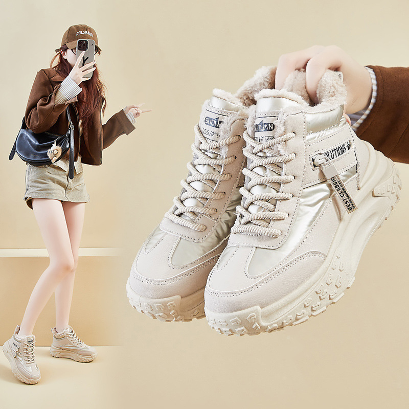 Fleece-Lined High-Top Dad Shoes for Women, 2025 Winter New Style, Student Ins Korean Version, Warm Casual Thick-Soled Cotton Shoes K6727