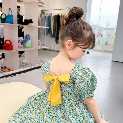 Girls' summer princess dress, baby girl Korean style, stylish middle and small children pure cotton short-sleeved floral dress