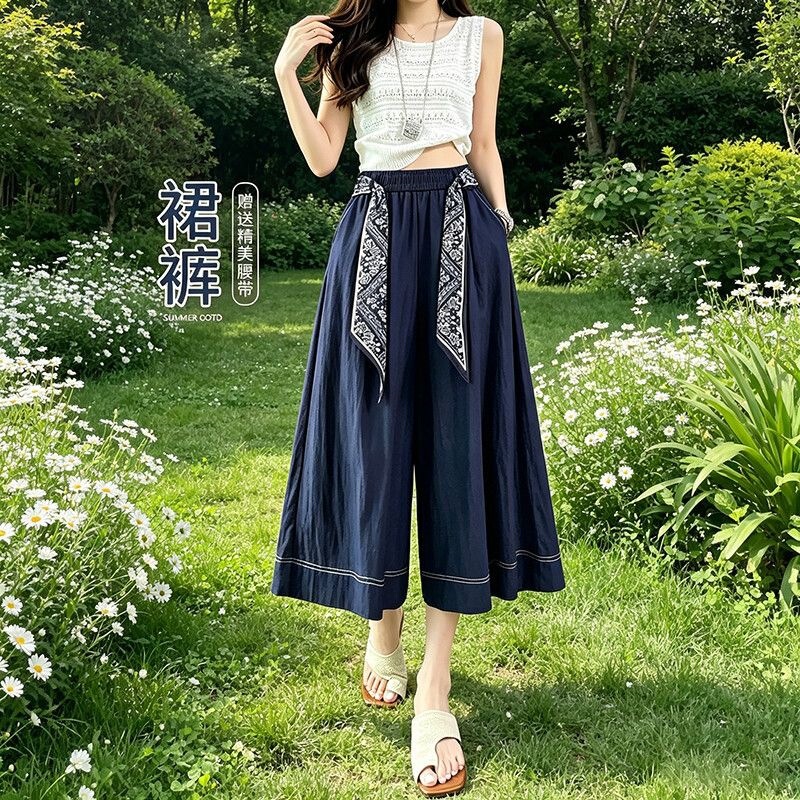 2026 new style cropped wide-leg pants, slimming skirt-pants for slightly plump figures, summer thin high-waisted Chinese-style pants with a slimming drape effect 2026 new style cropped wide-leg pants, slimming skirt-pants for slightly plump figures, summer thin high-waisted Chinese-style pants with a slimming drape effect