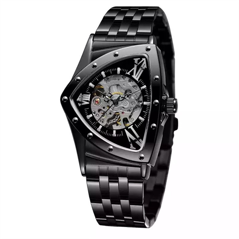 Forsining reloj mecánico automático estilo europeo y americano triángulo cabeza hombres moda casual hueco muñeca reloj transparente