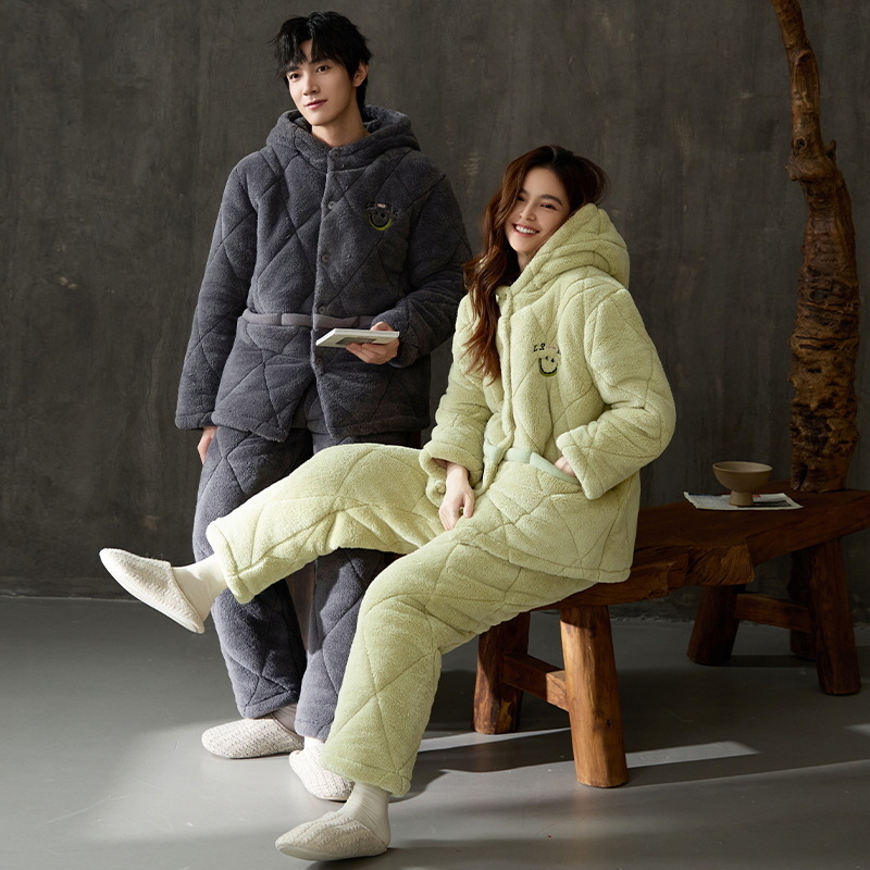 Pajamas de pareja de algodón para hombres y mujeres 2024 invierno más veludo engrosado cardigan con capuz de manga larga ropa de hogar conjunto de calor