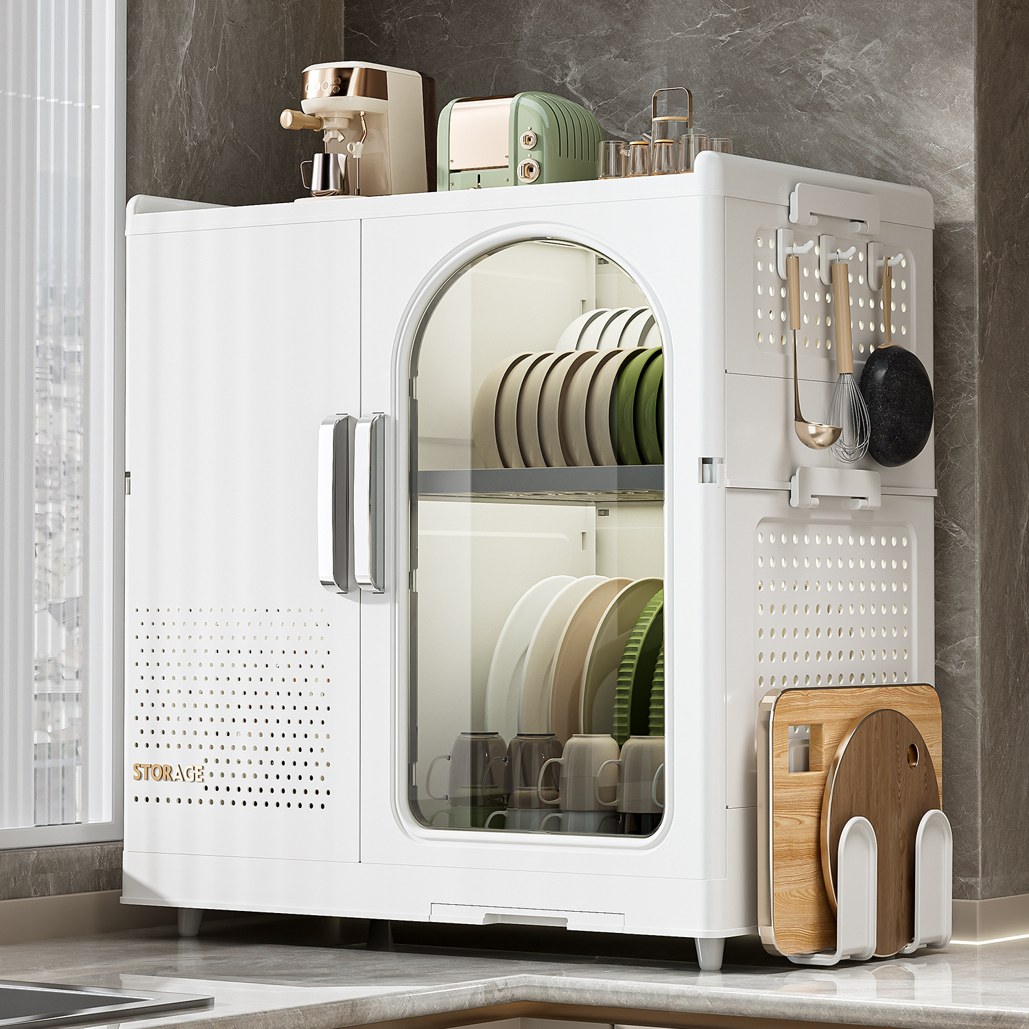 Kitchen Dish Storage Countertop Tableware Storage Box Multi-Functional Household Double-Layer Drain Cupboard Storage Cabinet