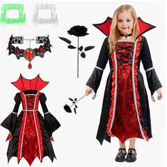 ヨーロッパとアメリカの新しいハロウィン子供用コスチューム魔女コスチューム中世レトロレースアップスタンドカラーベルスリーブプリントロングスカート