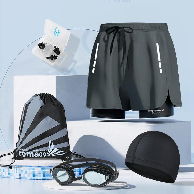 다크 그레이 (수영 트렁크 + 수영 모자 + 수영 고글 + 비치 백 + 코 클립 귀마개)